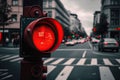 close-up of red traffic light, with the view of busy city street visible in the background Royalty Free Stock Photo