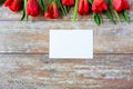 Close up of red tulips and blank paper or letter Royalty Free Stock Photo