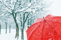 Close up of red umbrella in snow Royalty Free Stock Photo