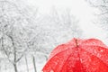 Close up of red umbrella in snow Royalty Free Stock Photo