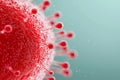 Close up of red virus structure with spikes, showcasing intricate details and textures. background is softly blurred, enhancing