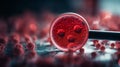 Close up of a red virus under a magnifying glass, blurred red viruses in the background Royalty Free Stock Photo