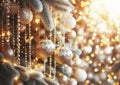 Close up of red, white balls on christmas tree. Bokeh garlands in the background. New Year concept Royalty Free Stock Photo