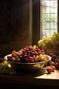 Close up of red and white grapes in bowl in kitchen, created using generative ai technology Royalty Free Stock Photo