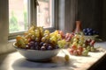 Close up of red and white grapes in bowl in kitchen, created using generative ai technology Royalty Free Stock Photo