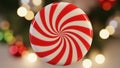 Close-up of red and white swirled peppermint candy with festive holiday background Royalty Free Stock Photo