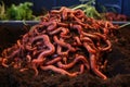 close-up of red wiggler worms in rich compost