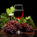 Close-Up of Red Wine Glass with Cluster of Grapes in the Dark. AI generation