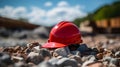 Close up of a red Working Helmet on Gravel. Blurred Construction Site Background