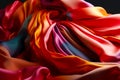 Close up of red, yellow, and blue fabric with black background. Generative AI Royalty Free Stock Photo