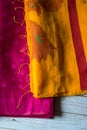 Close up of red and yellow cotton sari Royalty Free Stock Photo