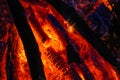 Close-up red and yellow flames in the fire of logs Royalty Free Stock Photo