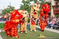 Close-up of Red and yellow Lion Head, Lion dance is a form of traditional dance and performance in Chinese culture.