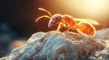 Close-up of a reddish ant on a rock, bathed in warm sunlight Royalty Free Stock Photo