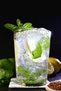 Close up of a refreshing mojito cocktail on a napkin on a dark background. lifestyle concept. Royalty Free Stock Photo