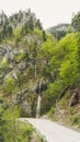 CLOSE UP: Refreshing stream water flowing down moss covered brown stones in a beautiful green forest in Montenegro. Cinematic shot Royalty Free Stock Photo