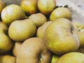 Close up of reinette grise du canada apples in wooden crates. Prepared for sale. Wooden box