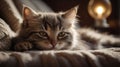 Adorable Fluffy Kitten Resting on Cozy Blanket Near Warm Light Royalty Free Stock Photo