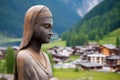 close-up of a religious statue placed against a mountain village backdrop Royalty Free Stock Photo