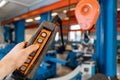 Close up remote control switch for overhead crane in manufacture workshop Royalty Free Stock Photo