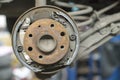 Close-up repair drum brake of car wheel in garage.