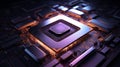 Close up representation of a quantum processor chip with lights around it