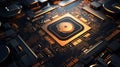 Close up representation of a quantum processor chip with lights around it