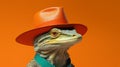 Close-up Reptile With Hat And Belt On Orange Background