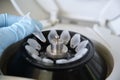 Close up of a researcher hand with glove holding a small eppendorf tube with a pellet over a mini centrifuge in a laboratory