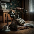 Close up of retro distressed old telephone on desk, created using generative ai technology Royalty Free Stock Photo