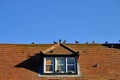 Retro red tile roof with a dormer window against blue sky. Royalty Free Stock Photo