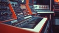 Close-up of retro synthesizer keyboard with glowing control panel in studio