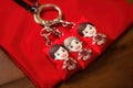 close-up of reunion keychains on a red cloth