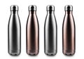 Close-up of reusable steel stainless thermo water bottles, isolated on white background.
