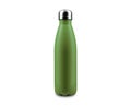 Close-up of reusable, steel thermo eco bottle for water, isolated on white background, color of dark Green Chive.