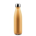 Close-up of reusable steel thermo water bottle isolated on white background. Fortuna Gold of color, 2021 trend. Royalty Free Stock Photo