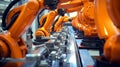 This close-up reveals the intricacies of an automated assembly line, where advanced robot manipulators meticulously