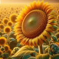 Close-up view of a sunflower head, with a field of sunflowers in background