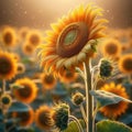 Close-up view of a sunflower head, with a field of sunflowers in background Royalty Free Stock Photo