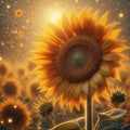 Close-up view of a sunflower head, with a field of sunflowers in background