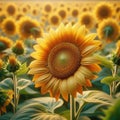 Close-up view of a sunflower head, with a field of sunflowers in background Royalty Free Stock Photo