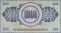 Close up of Reverse of 1000 dinars paper bill issued by Yugoslavia