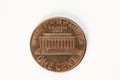 Close-up of the reverse of a US one-cent coin featuring the Lincoln Memorial Royalty Free Stock Photo