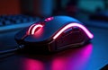 Close-up RGB computer mouse. Stylish tech accessory with glowing pink light. Modern device for work gaming. High-tech input
