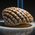 A close-up of a ribbed seashell with a glossy, striped pattern of brown and white Royalty Free Stock Photo