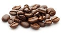 Close-up of rich, brown coffee beans isolated on a white background, highlighting their glossy texture and unique shapes