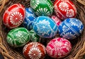Traditional Pysanka Style Easter Eggs in Basket. Generative Ai Royalty Free Stock Photo