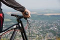 Close-up of a rider`s hand on a mountain bike handlebars Royalty Free Stock Photo