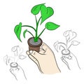 Close-up right hand holding plant with small flower pot vector illustration sketch doodle hand drawn with black lines isolated on Royalty Free Stock Photo