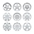 Close up of rims car alloy wheel. Aluminum wheel vector set. Figured alloy rim for car, tracks. Royalty Free Stock Photo